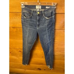 FRAME Denim Le High Skinny Jeans Women's Size 27 Dark Wash Frayed Hem Ankle Slit